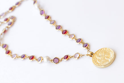 COIN NECKLACE, Woman Necklace, Colorful Red Purple Pink And Pearls Necklace, Gold Coin Pendant, Statement Multicolor Necklace, Medallion