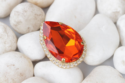 ORANGE TEARDROP RING, Hot Orange Gold Rings, Large Ring, Cocktail Evening Ring, Classic Summer Jewelry, Mother Of The Bride Jewelry Gift