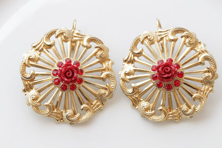 Coral flower Earrings, Gold coral Earrings, Summer Earrings, Red Gold Earrings, Bridesmaid Floral Earrings gift, Drop Large Earrings