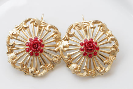 Coral flower Earrings, Gold coral Earrings, Summer Earrings, Red Gold Earrings, Bridesmaid Floral Earrings gift, Drop Large Earrings