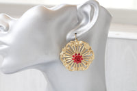 Coral flower Earrings, Gold coral Earrings, Summer Earrings, Red Gold Earrings, Bridesmaid Floral Earrings gift, Drop Large Earrings
