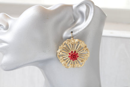Coral flower Earrings, Gold coral Earrings, Summer Earrings, Red Gold Earrings, Bridesmaid Floral Earrings gift, Drop Large Earrings