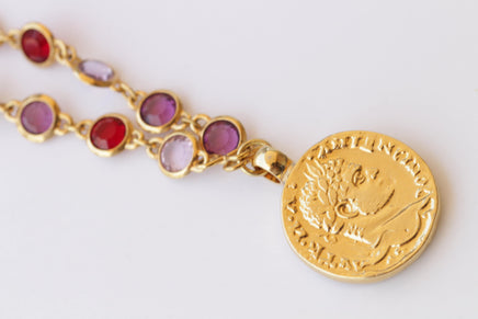 COIN NECKLACE, Woman Necklace, Colorful Red Purple Pink And Pearls Necklace, Gold Coin Pendant, Statement Multicolor Necklace, Medallion