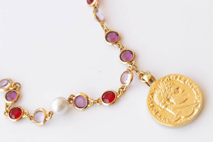 COIN NECKLACE, Woman Necklace, Colorful Red Purple Pink And Pearls Necklace, Gold Coin Pendant, Statement Multicolor Necklace, Medallion