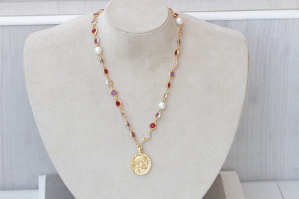 COIN NECKLACE, Woman Necklace, Colorful Red Purple Pink And Pearls Necklace, Gold Coin Pendant, Statement Multicolor Necklace, Medallion