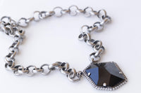 BLACK CHUNKY NECKLACE, Silver Black Necklace, Asymmetric Black Pendant Necklace, Unique Evening Necklace, Formal Statement Large Necklace