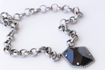BLACK CHUNKY NECKLACE, Silver Black Necklace, Asymmetric Black Pendant Necklace, Unique Evening Necklace, Formal Statement Large Necklace