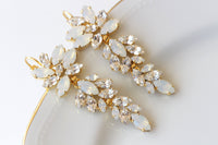 OPAL LONG EARRINGS, Bridal White Crystal Statement Earrings, Gold White Jewelry For Bride, Wedding Dangle Earrings, Cluster Drop Earring