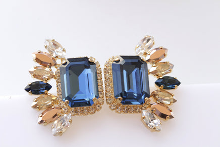 NAVY WEDDING EARRINGS, Bridal Blue Navy Earrings, Statement Earrings, Rose Gold Big Earrings, Cluster Studs,Dark Blue Jewelry,Leaf Earrings