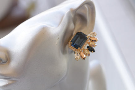 NAVY WEDDING EARRINGS, Bridal Blue Navy Earrings, Statement Earrings, Rose Gold Big Earrings, Cluster Studs,Dark Blue Jewelry,Leaf Earrings