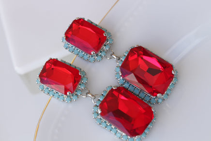 RED TURQUOISE EARRINGS, Red Ruby Formal Wedding Earrings, Jewelry For Red Evening Dress, Blue And Red Earrings, Art Deco Earrings For Bride