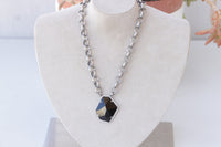 BLACK CHUNKY NECKLACE, Silver Black Necklace, Asymmetric Black Pendant Necklace, Unique Evening Necklace, Formal Statement Large Necklace