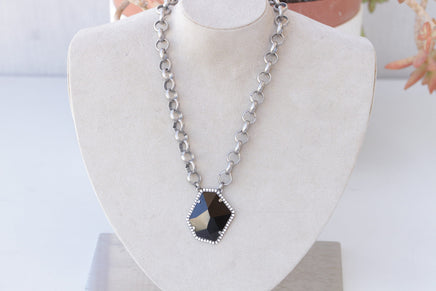 BLACK CHUNKY NECKLACE, Silver Black Necklace, Asymmetric Black Pendant Necklace, Unique Evening Necklace, Formal Statement Large Necklace