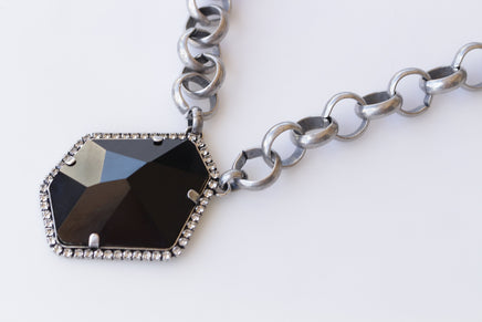 BLACK CHUNKY NECKLACE, Silver Black Necklace, Asymmetric Black Pendant Necklace, Unique Evening Necklace, Formal Statement Large Necklace