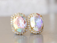AB CRYSTAL EARRINGS, Oval Shaped Earrings, Aurora Borealis Earrings, Holographic Earrings Bridal Stud Earrings, Elegant bridal Shower Gift