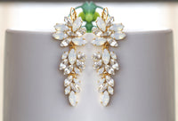 OPAL LONG EARRINGS, Bridal White Crystal Statement Earrings, Gold White Jewelry For Bride, Wedding Dangle Earrings, Cluster Drop Earring