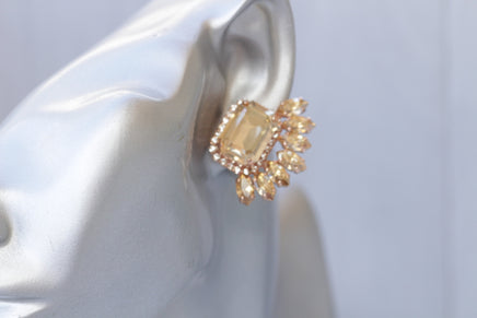 CHAMPAGNE WEDDING EARRINGS, Bridal Topaz Earrings, Statement Earrings, Rose Gold Big Earrings, Cluster Studs, Evening Jewelry, Leaf Earrings