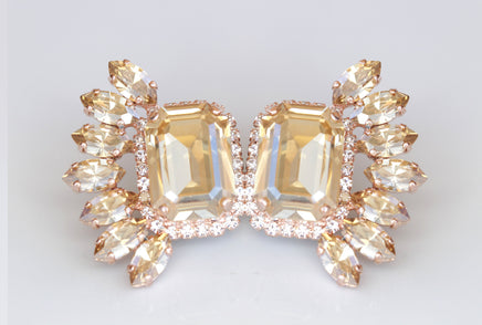 CHAMPAGNE WEDDING EARRINGS, Bridal Topaz Earrings, Statement Earrings, Rose Gold Big Earrings, Cluster Studs, Evening Jewelry, Leaf Earrings