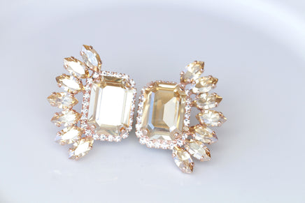 CHAMPAGNE WEDDING EARRINGS, Bridal Topaz Earrings, Statement Earrings, Rose Gold Big Earrings, Cluster Studs, Evening Jewelry, Leaf Earrings