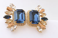 NAVY WEDDING EARRINGS, Bridal Blue Navy Earrings, Statement Earrings, Rose Gold Big Earrings, Cluster Studs,Dark Blue Jewelry,Leaf Earrings