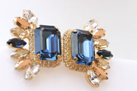 NAVY WEDDING EARRINGS, Bridal Blue Navy Earrings, Statement Earrings, Rose Gold Big Earrings, Cluster Studs,Dark Blue Jewelry,Leaf Earrings