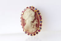 CAMEO BROOCH, Red Pink Fuchsia Cameo Brooch, Vintage Cameo Brooch, Lady Cameo Brooches, Gift For Her ,Coat Brooch, Red Purple Jacket Brooch