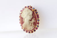 CAMEO BROOCH, Red Pink Fuchsia Cameo Brooch, Vintage Cameo Brooch, Lady Cameo Brooches, Gift For Her ,Coat Brooch, Red Purple Jacket Brooch