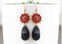 RED BLACK EARRINGS, Red Gold Black Teardrop Earrings, Red Flower Drop Earrings, Dangle Earrings, Gift for Her, Black Dress Unique Earrings