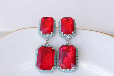 RED TURQUOISE EARRINGS, Red Ruby Formal Wedding Earrings, Jewelry For Red Evening Dress, Blue And Red Earrings, Art Deco Earrings For Bride