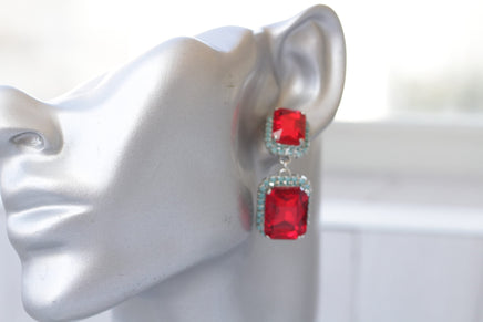 RED TURQUOISE EARRINGS, Red Ruby Formal Wedding Earrings, Jewelry For Red Evening Dress, Blue And Red Earrings, Art Deco Earrings For Bride