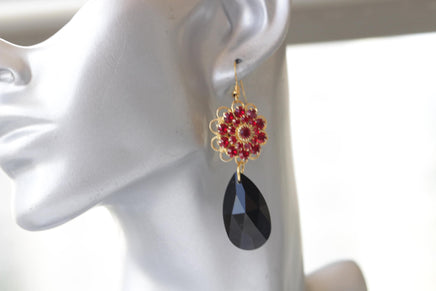RED BLACK EARRINGS, Red Gold Black Teardrop Earrings, Red Flower Drop Earrings, Dangle Earrings, Gift for Her, Black Dress Unique Earrings