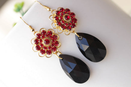 RED BLACK EARRINGS, Red Gold Black Teardrop Earrings, Red Flower Drop Earrings, Dangle Earrings, Gift for Her, Black Dress Unique Earrings