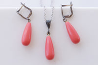 Red Coral Necklace Earrings Set, Silver Sterling 925 Red Pendant Earrings Set, Coral Jewelry Set, Red Gemstone Jewelry,Teardrop Pendant Gift