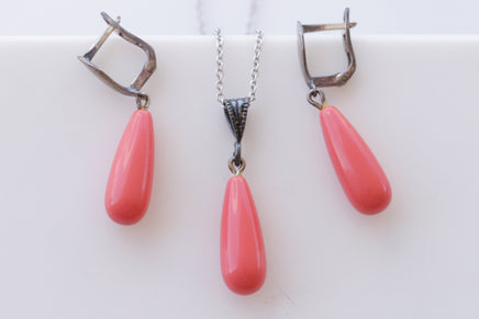 Red Coral Necklace Earrings Set, Silver Sterling 925 Red Pendant Earrings Set, Coral Jewelry Set, Red Gemstone Jewelry,Teardrop Pendant Gift