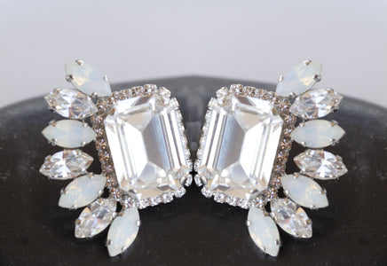 CRYSTALS WEDDING EARRINGS, Bridal White Earrings, Statement Earrings, Clear And Opal Earrings, Cluster Studs, Evening Jewelry, Leaf Earrings