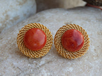 Mineral natural gemstone jewelry.Gold and  red coral stud earrings.Vintage style jewelry. Jewelry set for women. Rose coral natural earrings