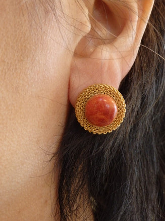 Mineral natural gemstone jewelry.Gold and  red coral stud earrings.Vintage style jewelry. Jewelry set for women. Rose coral natural earrings