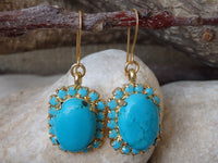 Large Genuine turquoise Ring, Filigree Big Ring, Estate jewelry gift for her, Blue Ring and earring Set,Statement Chunky Gold Turquoise Ring