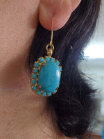 Large Genuine turquoise Ring, Filigree Big Ring, Estate jewelry gift for her, Blue Ring and earring Set,Statement Chunky Gold Turquoise Ring