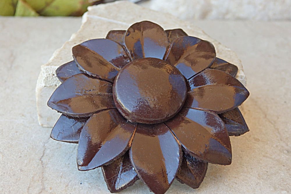 Leather Rose flower Brooch. Leather offers flower art. Light blue. Hat, coat, dress accessory.