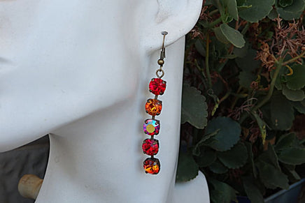 Multi Colors Rebeka Earrings. Red Orange Earrings. Antique Brass Fire Earrings. Pave Earrings. Rebeka Crystal Fancy Bar Stone Earrings