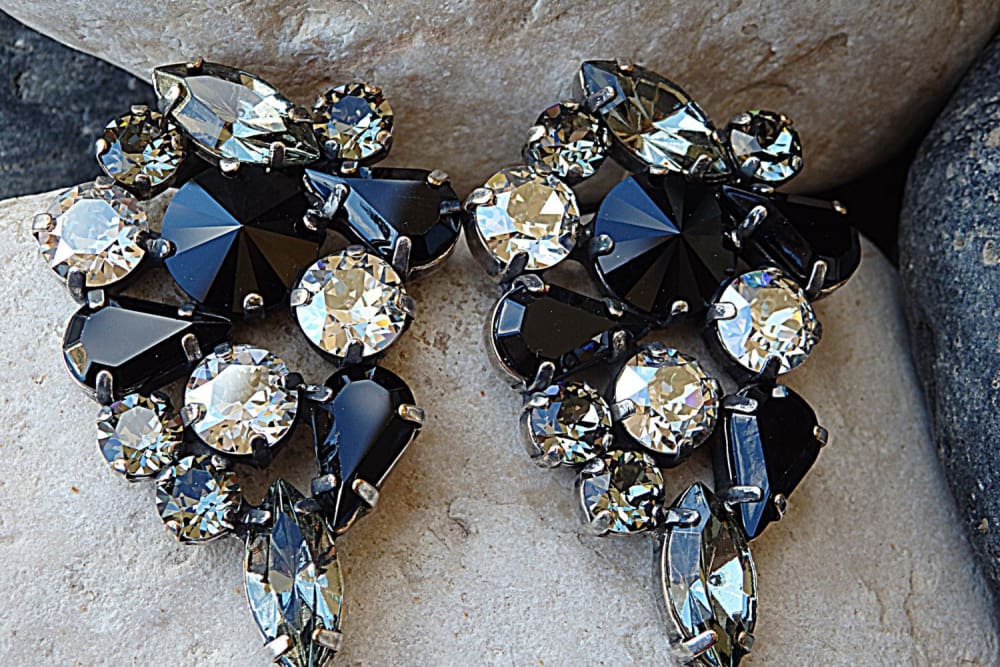 Black Earrings, Black Gray Gold Cluster Earrings, Bridal Black Gray Crystal Cluster Earrings, Black Gold Crystal Earrings, Gift outlet For Her