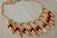 Orange Brown Bib Necklace. Handmade Ethnic Necklace. India Jewelry. Oriental Bib Necklace. Beaded Necklace For Her