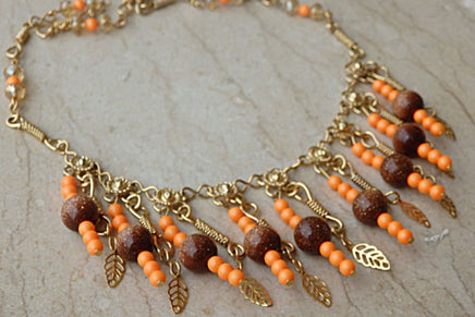 Orange Brown Bib Necklace. Handmade Ethnic Necklace. India Jewelry. Oriental Bib Necklace. Beaded Necklace For Her