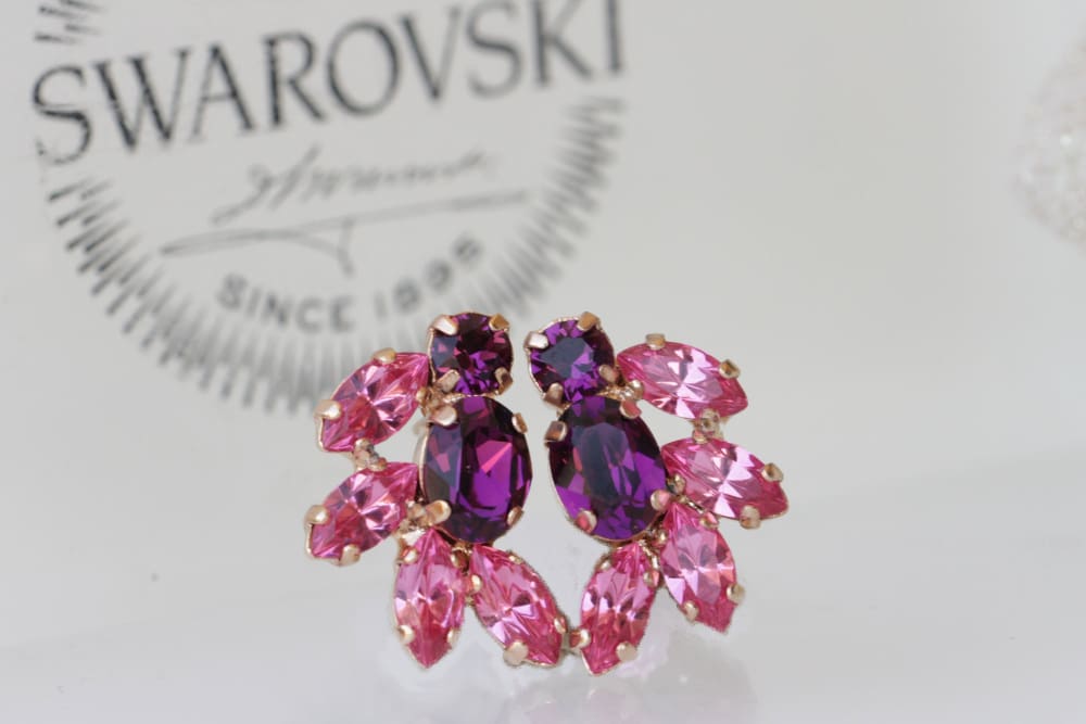 PINK 2024 PURPLE EARRINGS, Pink Amethyst Earrings, Fuchsia Earrings, Small Cluster earrings, Bridal Earring, Bright Hot Pink Wedding