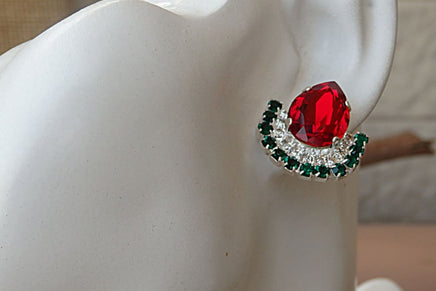Red And Emerald Rebeka Cluster Earrings. Silver Red Green Earrings. Drop Shape Earrings. Teardrop Stud Earrings. Red Crystal Earrings
