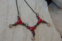 Red Necklace. Ruby Crystal Necklace. Rebeka Crystals Garnet Necklace. Red Jewelry. Vintage Style Triple Necklace.brass Frame Necklace