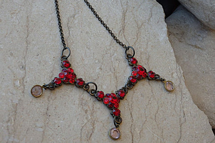 Red Necklace. Ruby Crystal Necklace. Rebeka Crystals Garnet Necklace. Red Jewelry. Vintage Style Triple Necklace.brass Frame Necklace