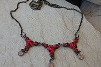 Red Necklace. Ruby Crystal Necklace. Rebeka Crystals Garnet Necklace. Red Jewelry. Vintage Style Triple Necklace.brass Frame Necklace