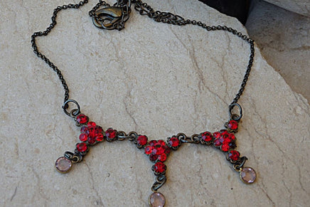 Red Necklace. Ruby Crystal Necklace. Rebeka Crystals Garnet Necklace. Red Jewelry. Vintage Style Triple Necklace.brass Frame Necklace